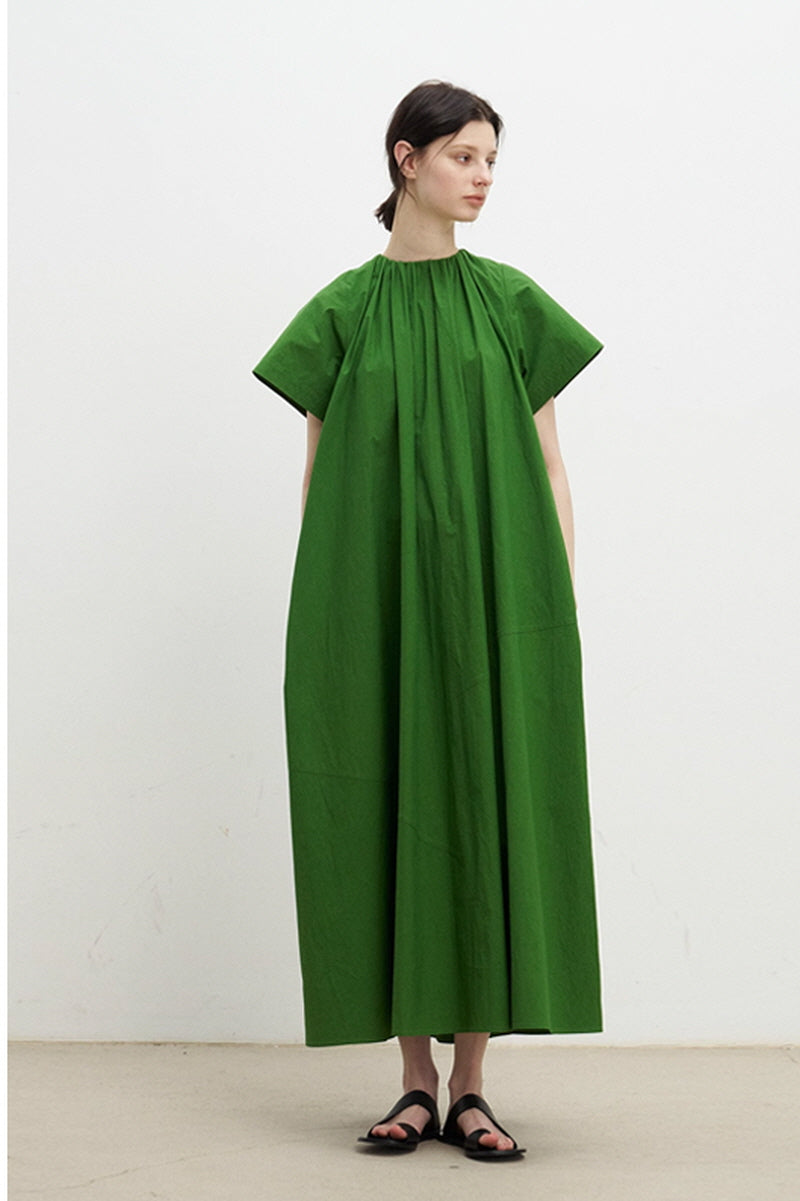 Elastic Shirred High-Cut Neck Maxi Dress