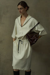 Contrast-Edge V-Neck Twill Dress