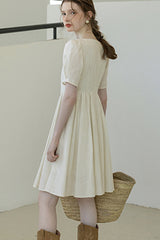 Square Neck Embroidered Pleated Dress