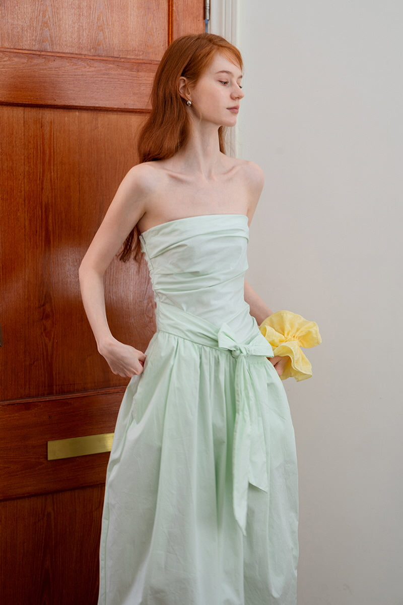 Green Irregular Tie Bow Bandeau Dress
