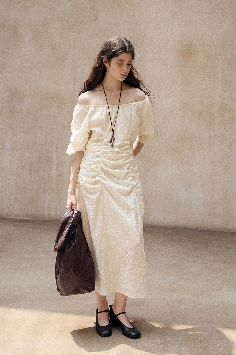 Crumpled Pleated One-Shoulder Maxi Dress