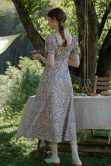 Fungus-Trimmed Square Neck Puff Sleeve Floral Dress