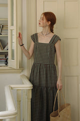 Square Neck High Waist Check Strap Dress
