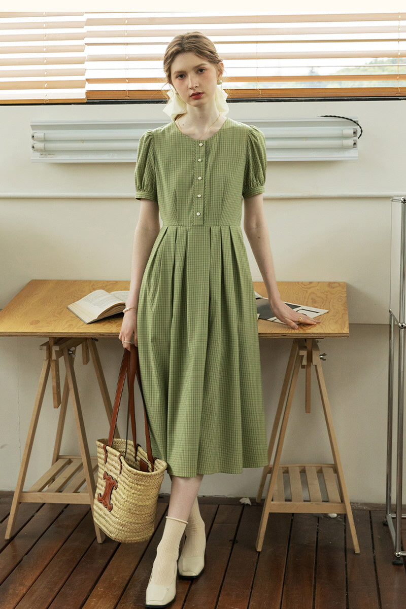 French Vintage Crew Neck Pleated Skirt Dress