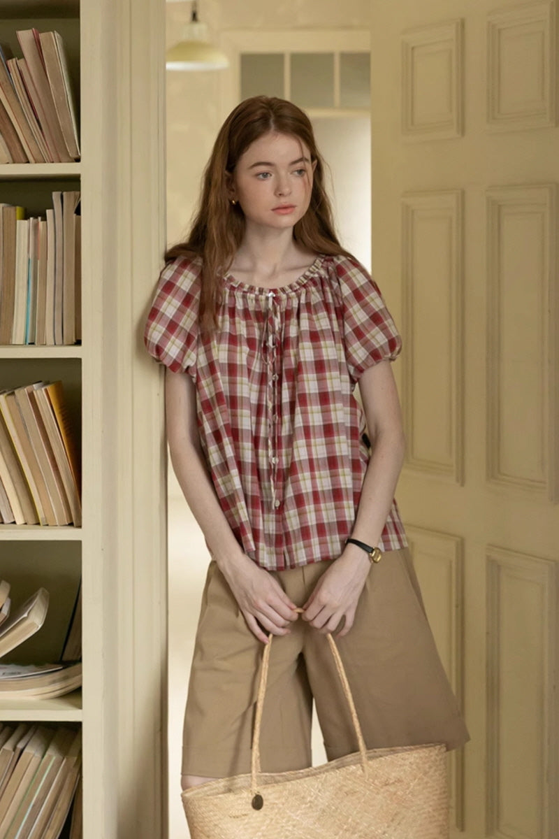 Elasticated Neckline Lace-Up Short Sleeve Shirt