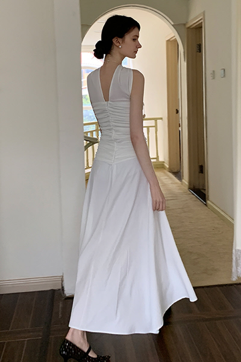 French Shirred Bandeau Halterneck Patchwork Dress