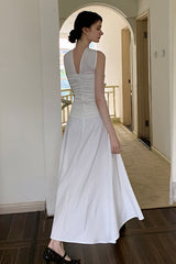 French Shirred Bandeau Halterneck Patchwork Dress