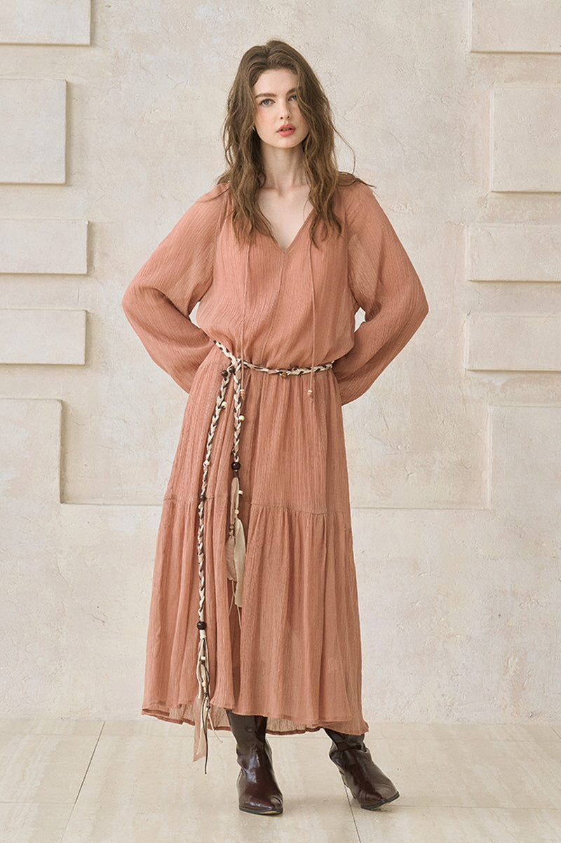 Ruffled V-Neck Long Dress