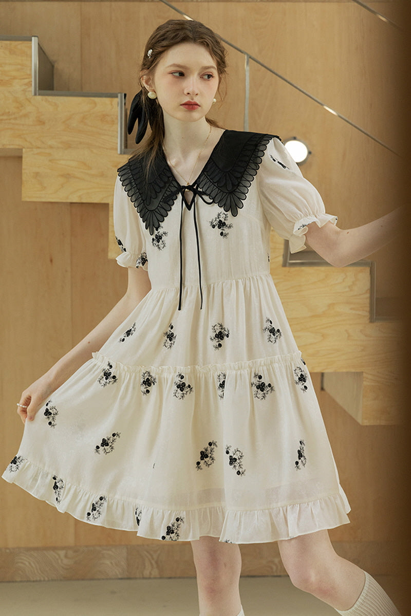 Navy Collar Paneled Embroidered Dress