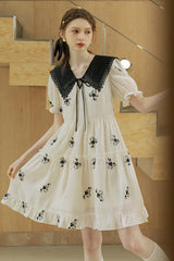 Navy Collar Paneled Embroidered Dress