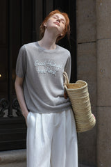 Contrast Embroidery Monogram Short Sleeve Sweater