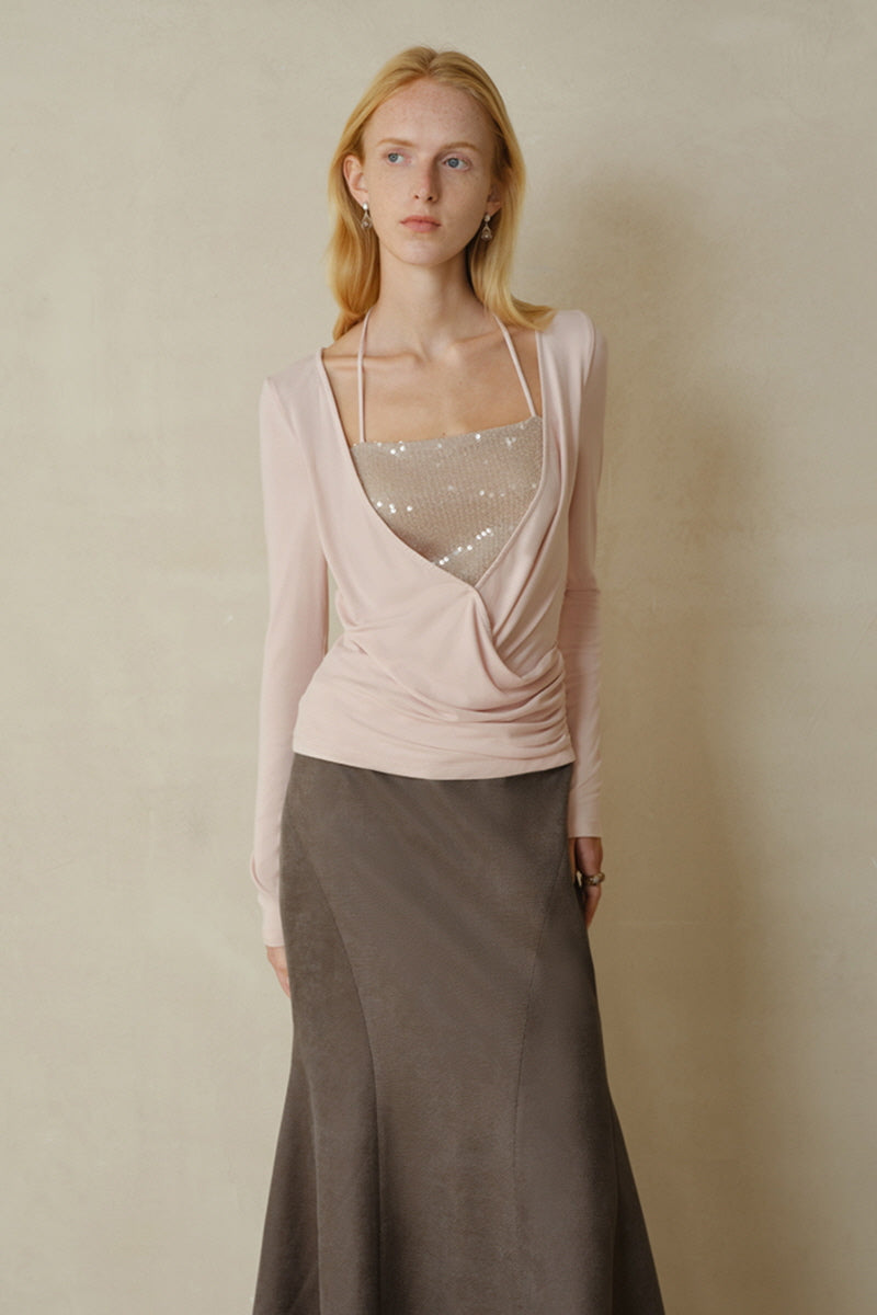 Overlapping Shirred Halterneck Pullover