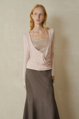 Overlapping Shirred Halterneck Pullover