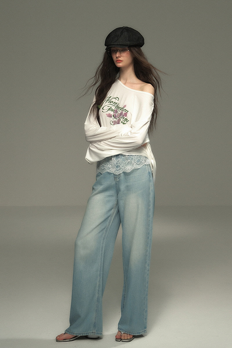 Panelled Lace Straight-Leg Jeans