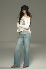 Panelled Lace Straight-Leg Jeans