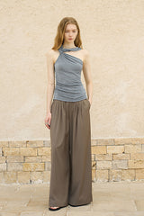 Twisted Halterneck Slanted Shoulder Knit Top