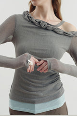 Twisted Neck Asymmetrical Contrast Knit Top