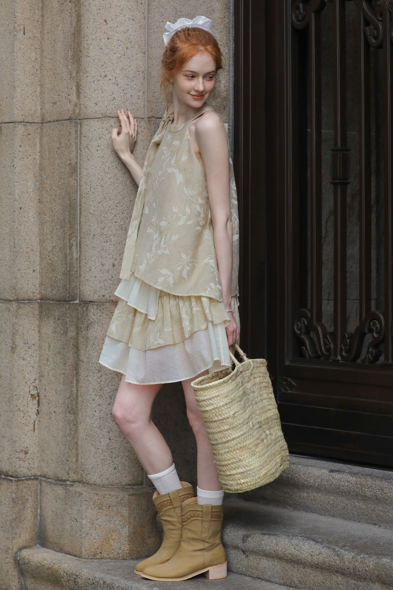 Halterneck Bow Tie Multi-layered Patchwork Dress