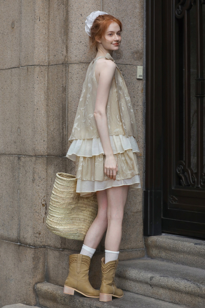 Halterneck Bow Tie Multi-layered Patchwork Dress