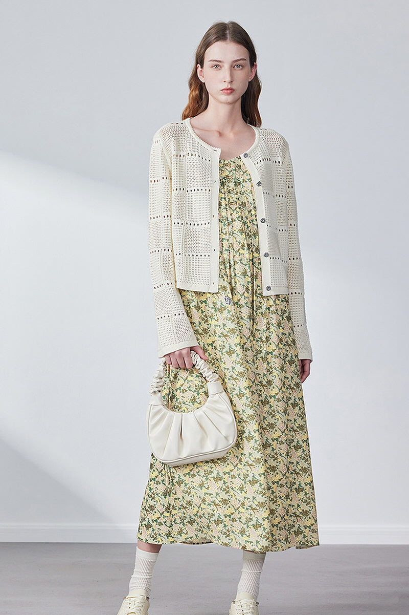 Textured Micro-Cut-Out Knit Pearl Button Cardigan