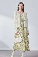 Textured Micro-Cut-Out Knit Pearl Button Cardigan