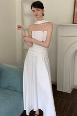 French Shirred Bandeau Halterneck Patchwork Dress