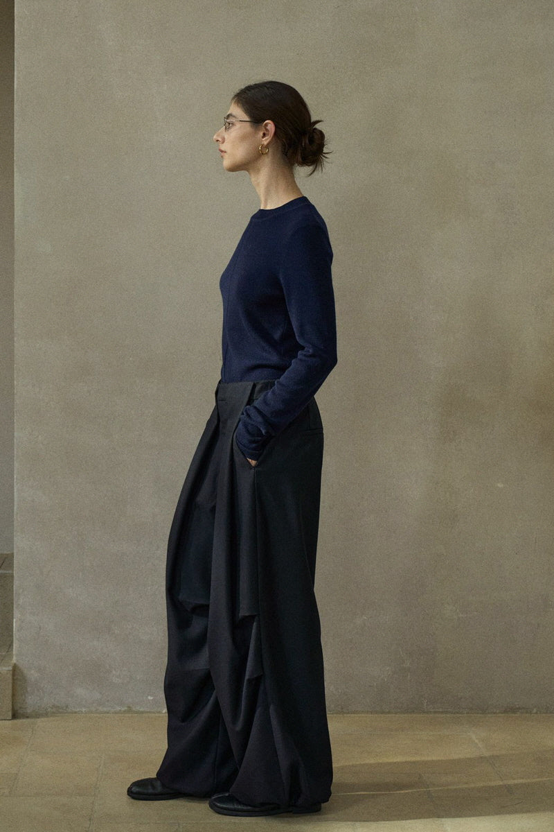 Three D-Pleated Fold-Top Wide-Leg Pants