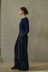 Three D-Pleated Fold-Top Wide-Leg Pants