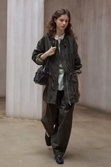 Washed Drawstring Crew Neck Jacket