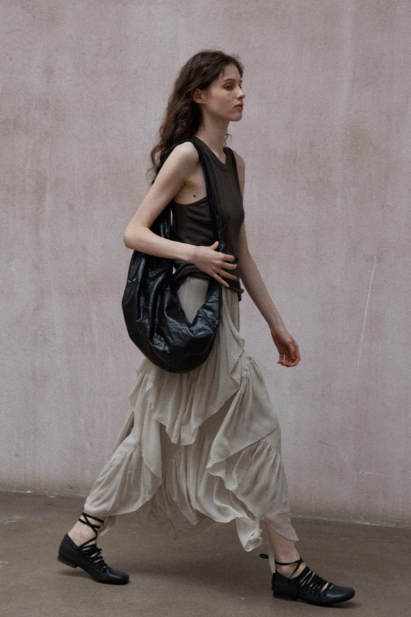 Laminated Ruffled Asymmetrical Skirt