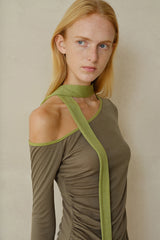 Slanted Shoulder Contrast Panel Knit Top