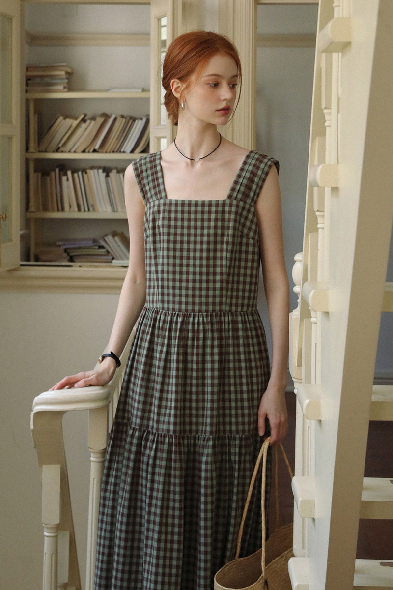 Square Neck High Waist Check Strap Dress