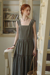 Square Neck High Waist Check Strap Dress