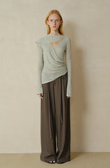 Cross-Drape Pleated V-Neck Flared Sleeve Top