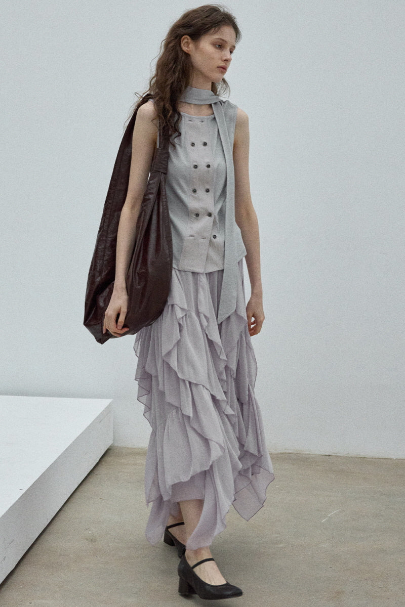 Laminated Ruffled Asymmetrical Skirt