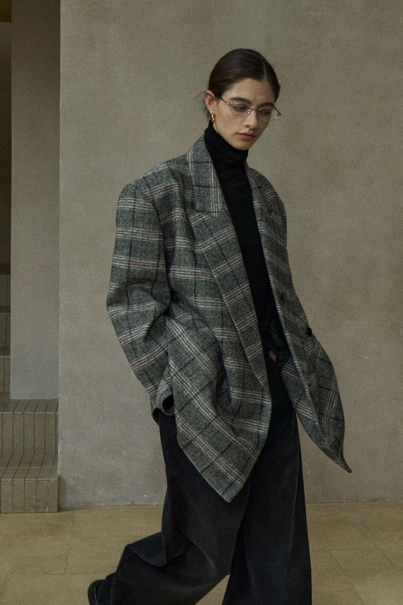 Retro Plaid Wide-Shoulder Suit Jacket