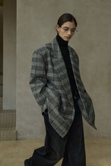 Retro Plaid Wide-Shoulder Suit Jacket