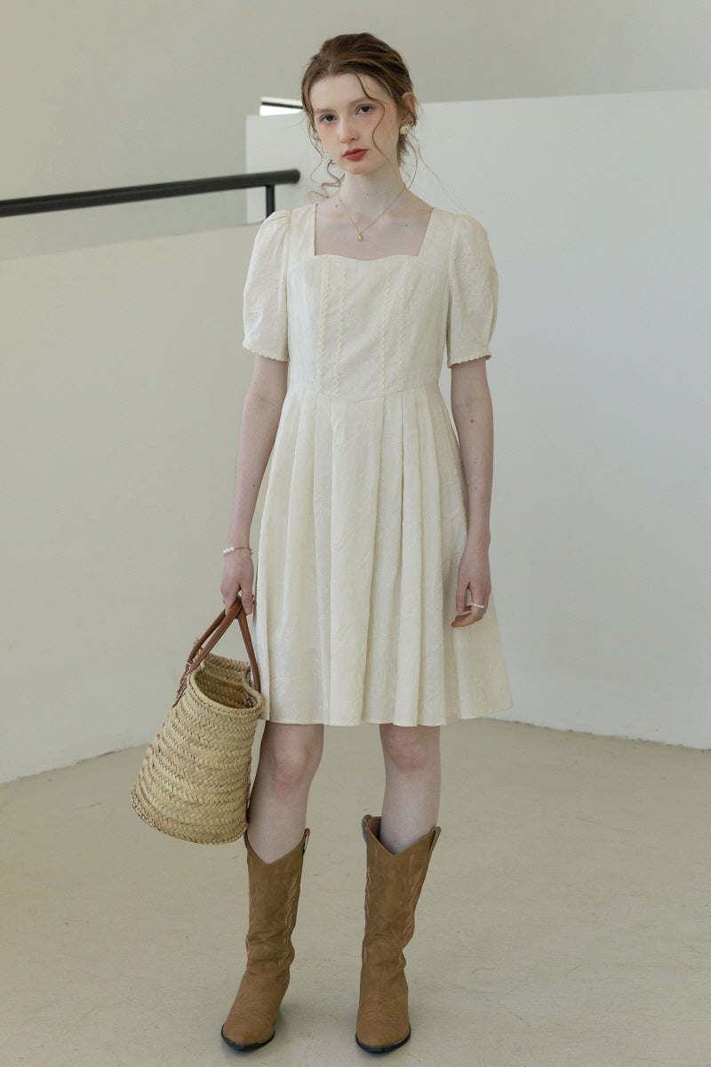 Square Neck Embroidered Pleated Dress
