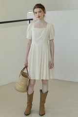 Square Neck Embroidered Pleated Dress