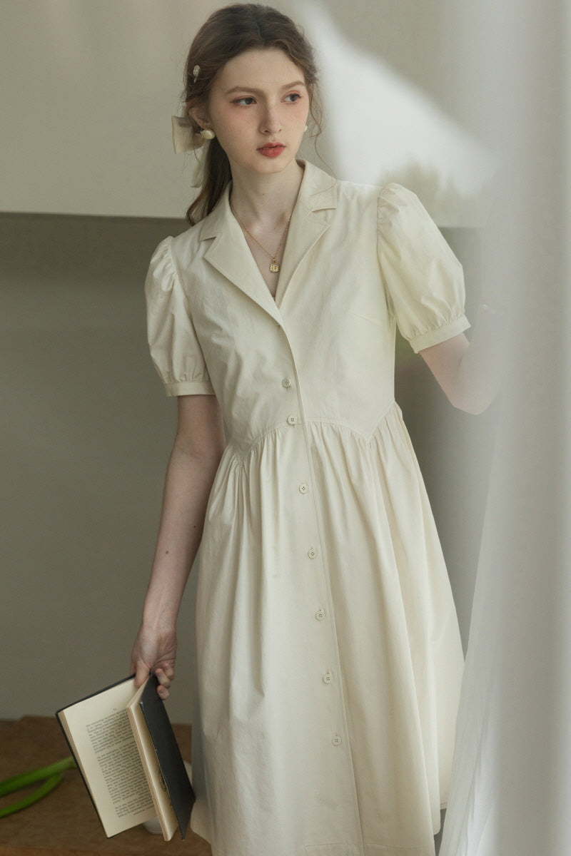 Suit Collar Puff Sleeve Midi Dress