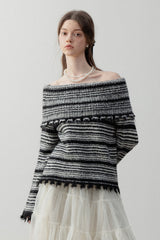 Lapel One-Shoulder Striped Sweater