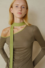 Slanted Shoulder Contrast Panel Knit Top