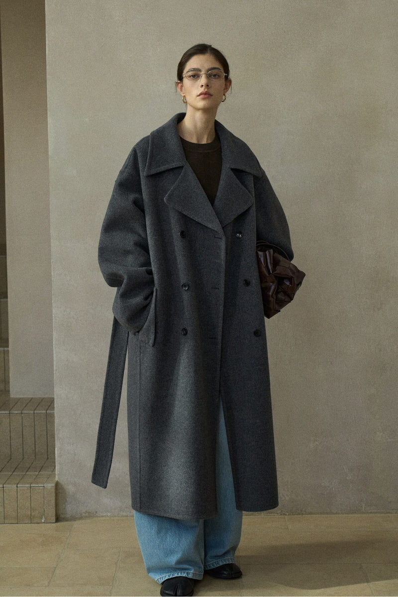 Wide-Lapel Belted Reversible Double-Breasted Coat
