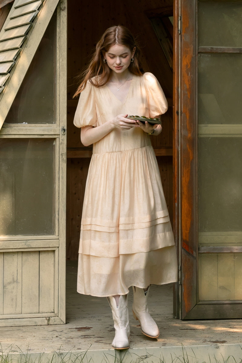 V-Neck Balloon Sleeve Cake Dress