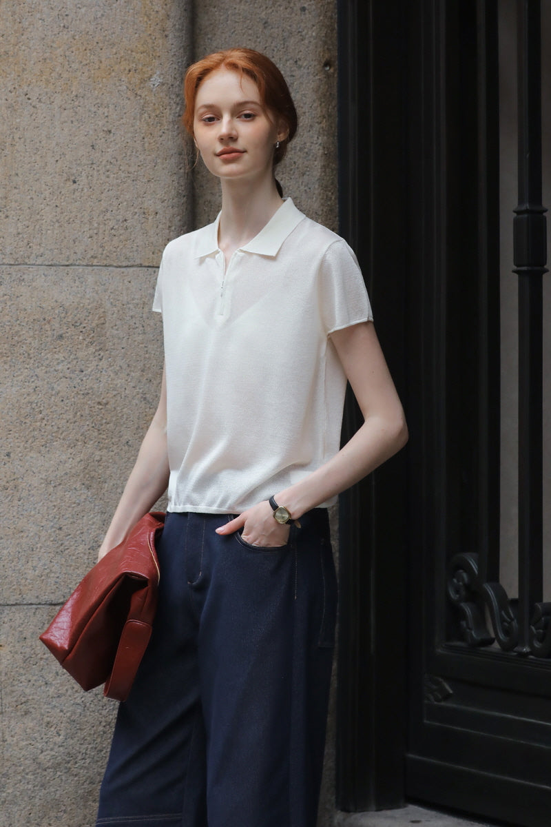 Polo Neck Loose Short Sleeve Top