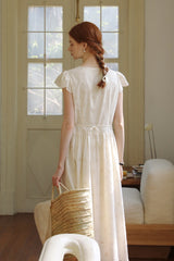 Court Fly Sleeve V-Neck Embroidered Lace-Up Dress