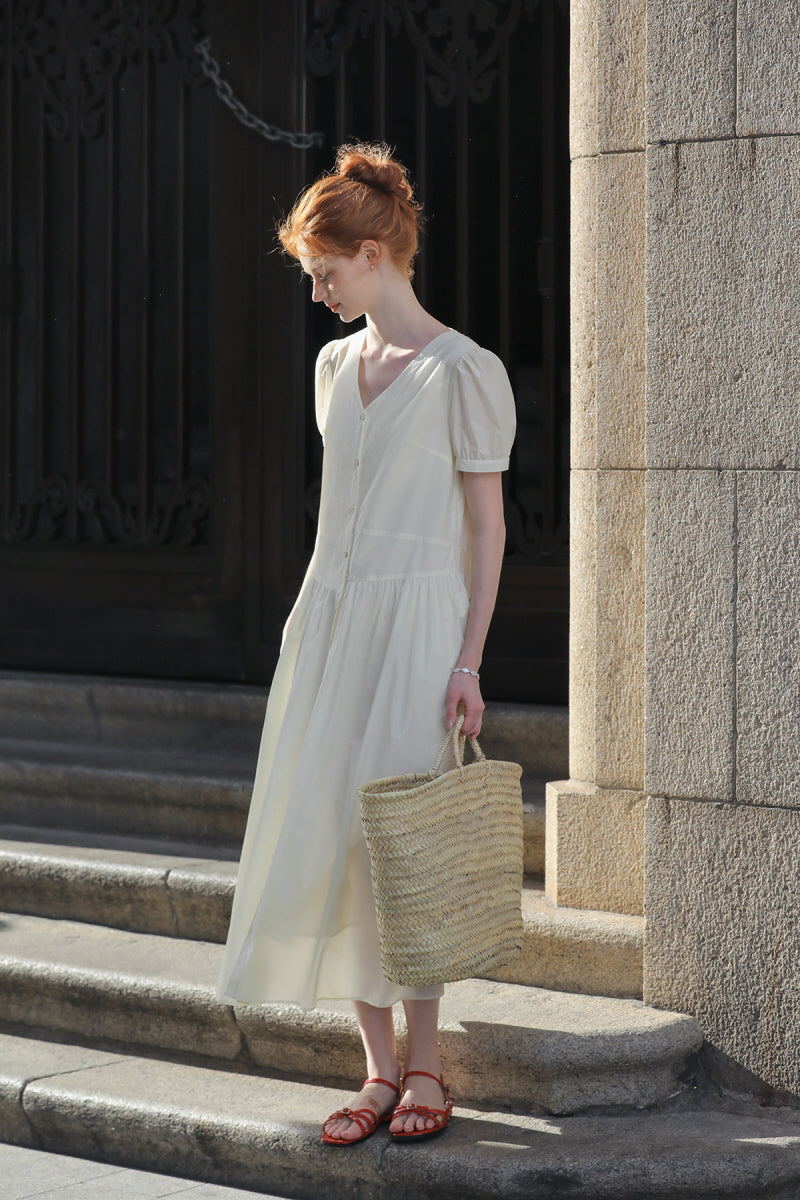 Split V-Neck Puff Sleeve Shirt Dress