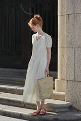 Split V-Neck Puff Sleeve Shirt Dress