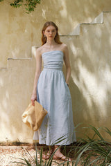 Pleated Bandeau Slit Maxi Dress