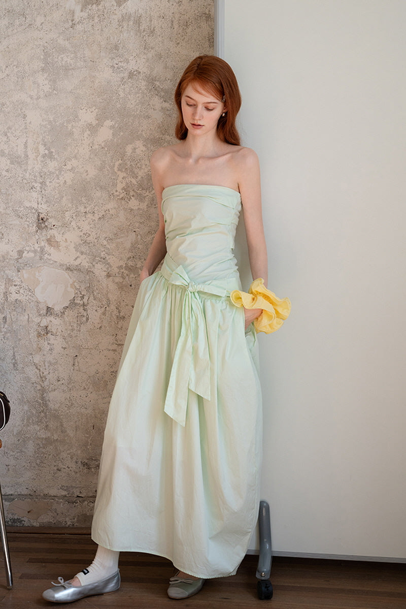 Green Irregular Tie Bow Bandeau Dress